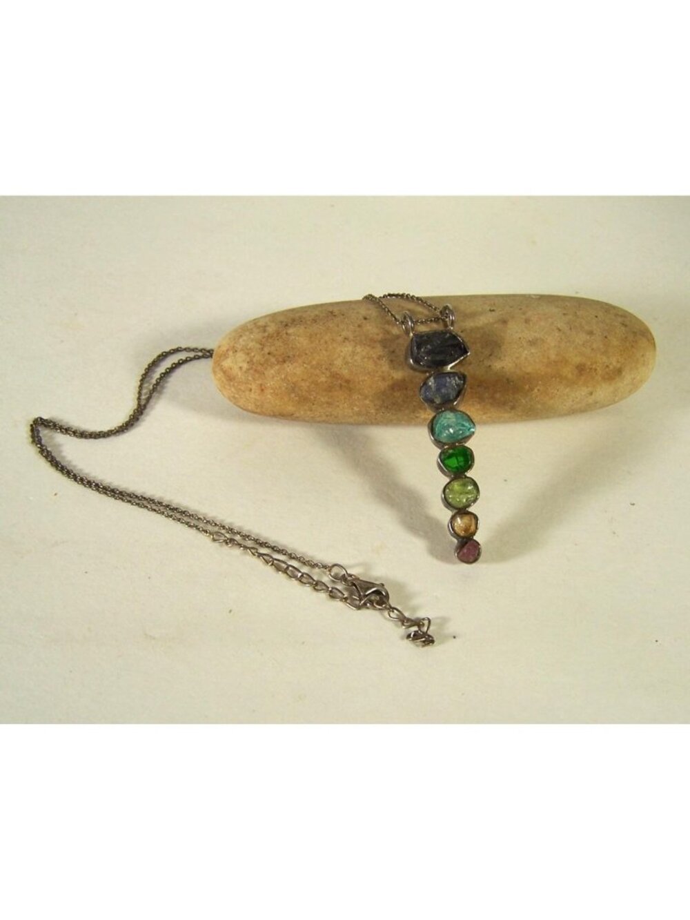 Seven Chakras Stone Pendant Sterling Silver Handmade Pendant Marked 925 India